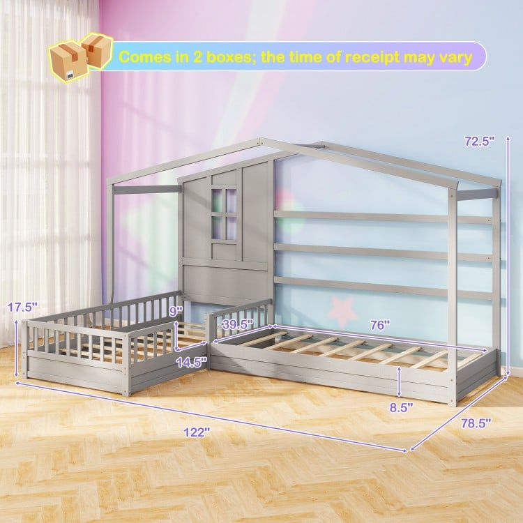L-shaped Double Twin Beds House Platform Beds with Fences Corner Bed Frame