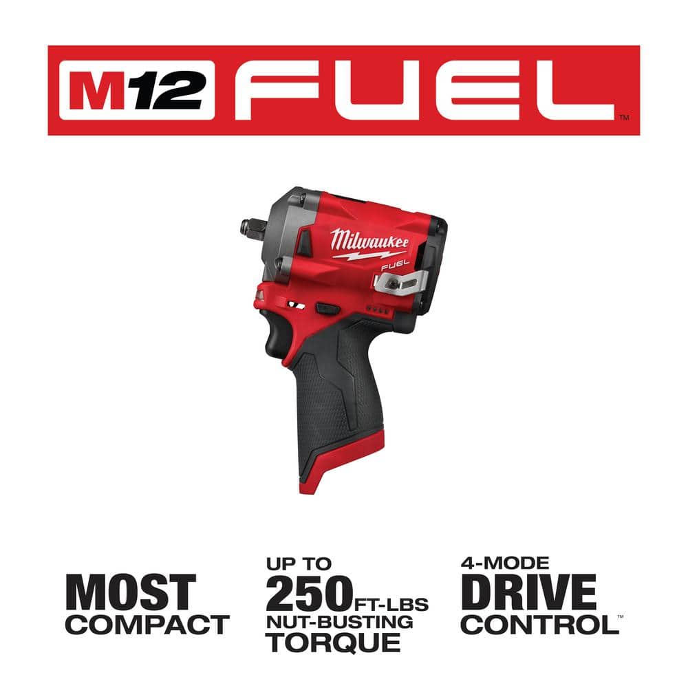 Milwaukee M12 FUEL 3/8��� Cordless Brushless Stubby Impact Wrench, 250 ft-lbs Torque, Tool-Only