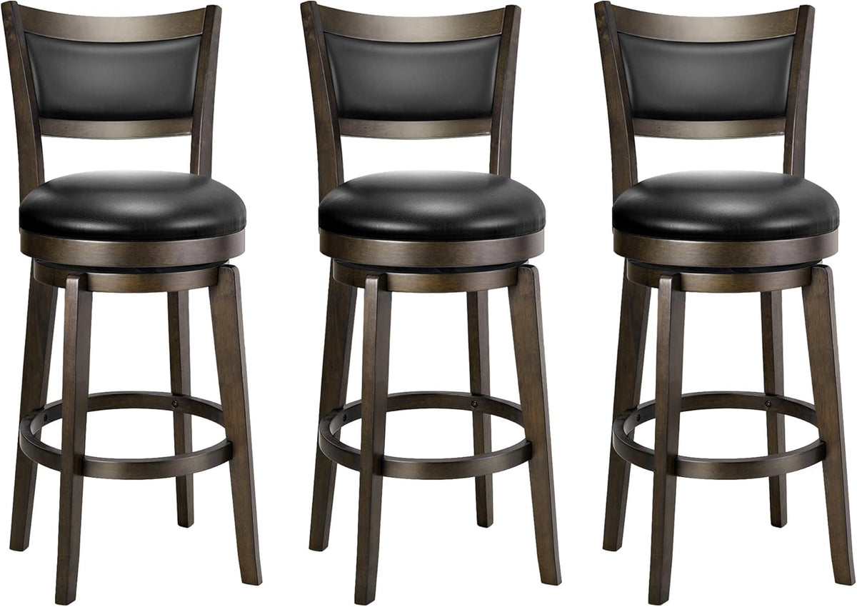PrimeZone Swivel Bar Stools Set of 3, 26 Inch Counter Height Barstools, Black Faux Leather Bar Stool with High Backrest & Solid Wood Legs & Wrap-around Footrest, Counter Stools for Kitchen Island, Pub