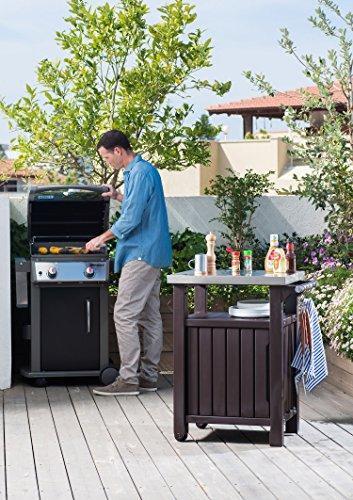 Keter Unity Portable Outdoor Table and Storage Cabinet with Hooks for Grill Accessories-Stainless Steel Top for Patio Kitchen Island or Bar Cart, Espresso Brown