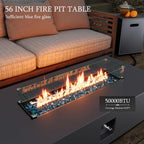 UPHA 56-inch Outdoor Propane Gas Fire Pit Table 50000 BTU Iron Rectangle Firepit for Outside Patio with Tank Hidden Table, Wind Guard, Removable Lid, Blue Glass Rocks, Rain Cover, Grey