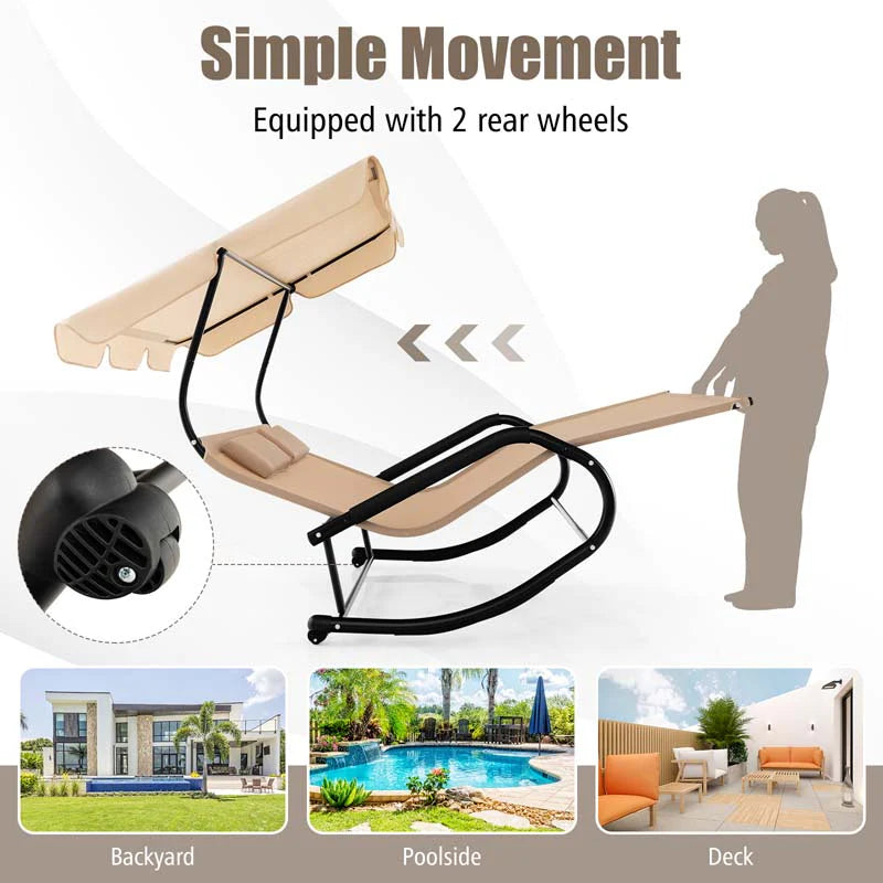 2-Person Patio Hammock Bed Swing Chair Extra Large Outdoor Rocking Chaise Lounge with Adjustable Canopy and Wheels