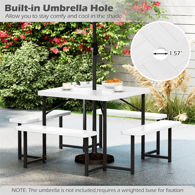 4-8 Person Outdoor Picnic Table Bench Set, All-Weather HDPE Square Dining Table with Umbrella Hole, 4 Benches & Metal Frame for Patio Backyard