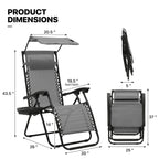 MoNiBloom Zero Gravity Chairs Set of 2, Folding Outdoor Patio Beach Recliner with Canopy Shade & Headrest, Black