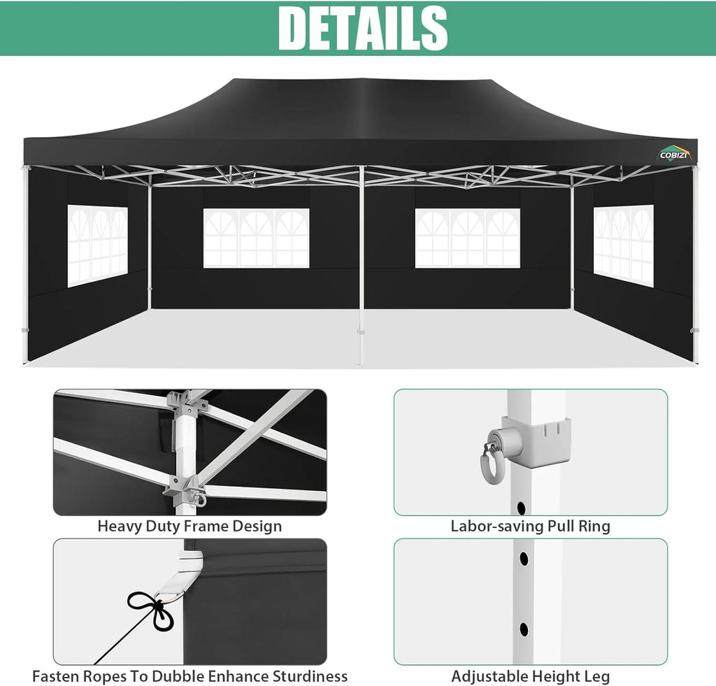 COBIZI 10x20 Heavy Duty Pop up Canopy Tent with 6 sidewalls Easy Up Commercial Outdoor Canopy Wedding Party Tents for Parties All Season Wind & Waterproof Gazebo with Roller Bag,Black(Frame Thickened)