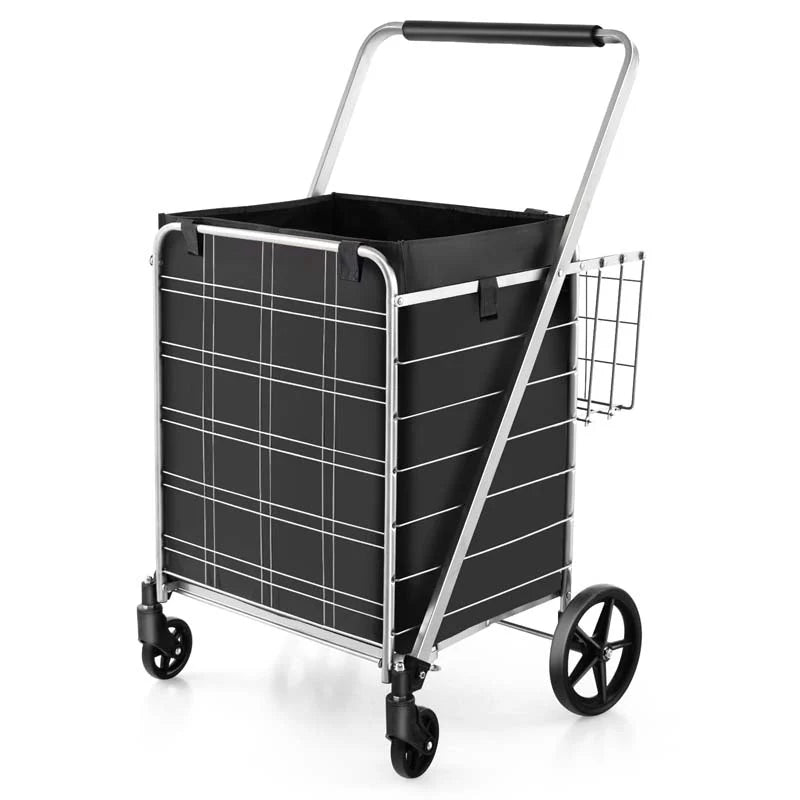 27.5 Gallon Jumbo Folding Shopping Cart with Waterproof Liner & Double Basket, Heavy Duty Portable Utility Cart for Grocery Market Laundry