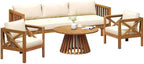 Merax Outdoor 4-Piece Acacia Wood Conversation Set - Patio 3-Seat Loveseat Sofa w/Coushion, 2 Armchair and Round Coffee Table for Backyard, Lawn, Balcony, Teak + Beige