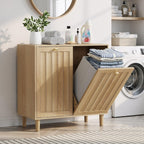 Oak Sloping Laundry Hamper Cabinet with 2 Removable Liners, Freestanding MDF Tilt-Out Storage Cabinet with Anti-Tipping Kit, Concealed Bathroom & Laundry Room Organizer, 27.8" H x 27.4" L x 13.8" D