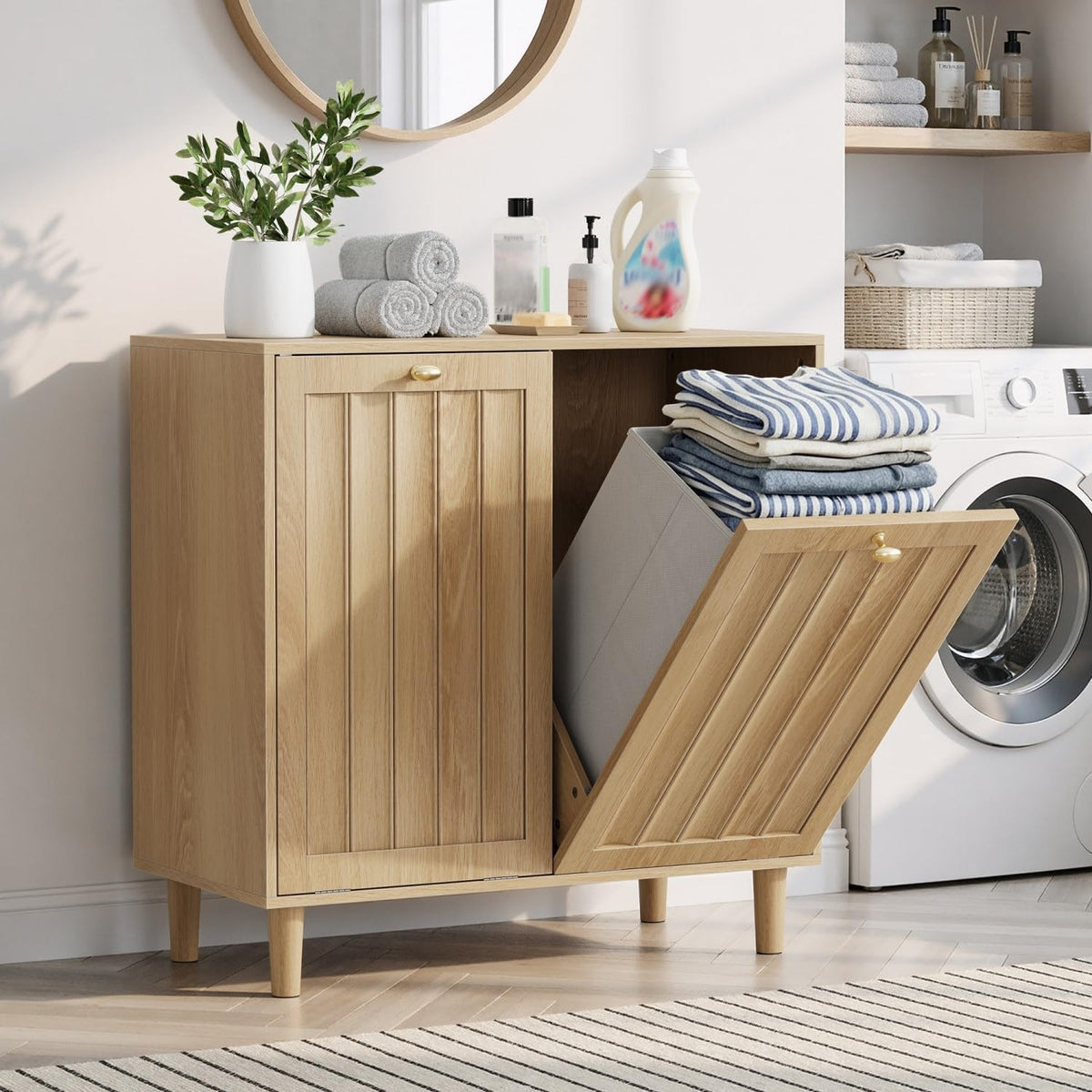 Oak Sloping Laundry Hamper Cabinet with 2 Removable Liners, Freestanding MDF Tilt-Out Storage Cabinet with Anti-Tipping Kit, Concealed Bathroom & Laundry Room Organizer, 27.8" H x 27.4" L x 13.8" D