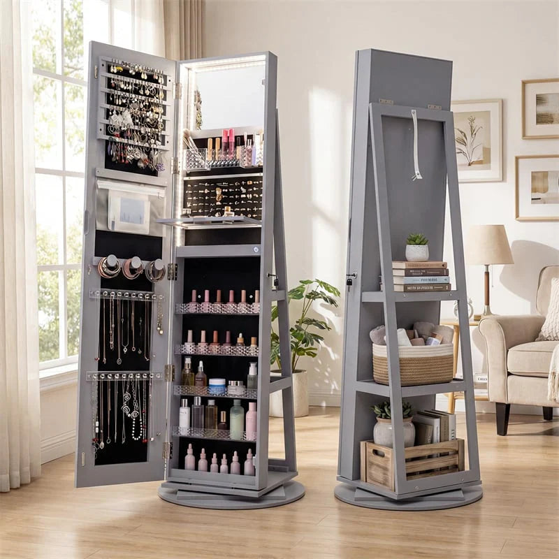360�� Swivel Jewelry Cabinet Armoire w/ Full Length Mirror 3-Color LED Lights & Rear Shelves, Lockable Standing Jewelry Storage Organizer