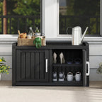 KAMABOKO Outdoor Shoe Storage Cabinet, Waterproof UV-Resistant Entryway Storage Bench Indoor Outdoor with 2 Barn Doors, Adjustable Shelves for Entryway, Bedroom, Hallway,Living Room(Black)