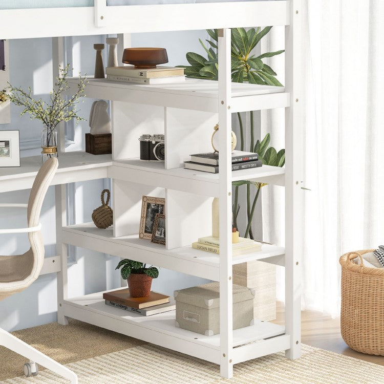 Twin Size Loft Bed with Desk and Storage Stairs Loft Bed Frame with Shelves and Safety Guardrails