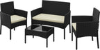 Yaheetech Patio Furniture Set 4 Pieces Conversation Sets, Rattan Chair Wicker Set Loveseat with Soft Cushion and Glass Table for Backyard Porch Garden Poolside Balcony, Black and Beige