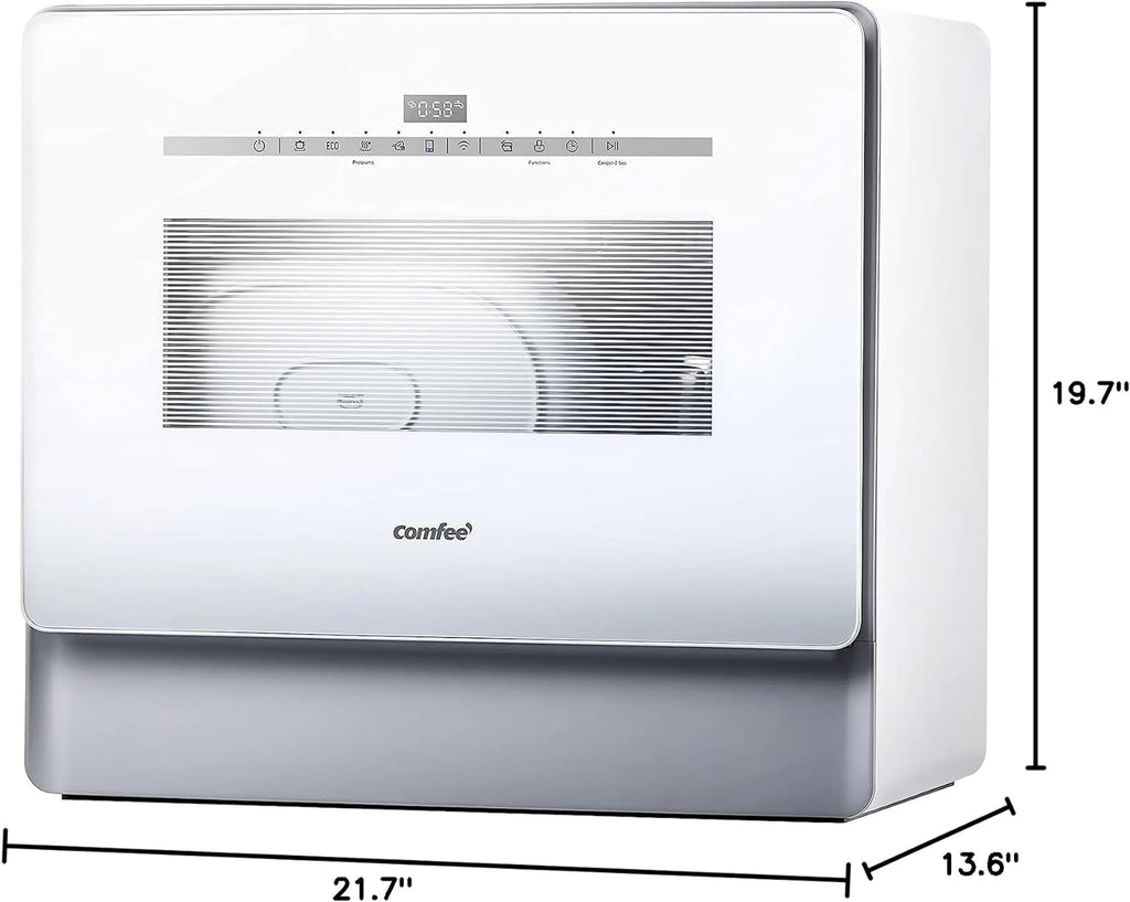 COMFEE' Portable Dishwasher Countertop with 5L Built-in Water Tank, No Hookup Needed, 6 Programs, 360° Dual Spray, 192�?High-Temp& Air-Dry Function, Mini Dishwasher for RVs, White