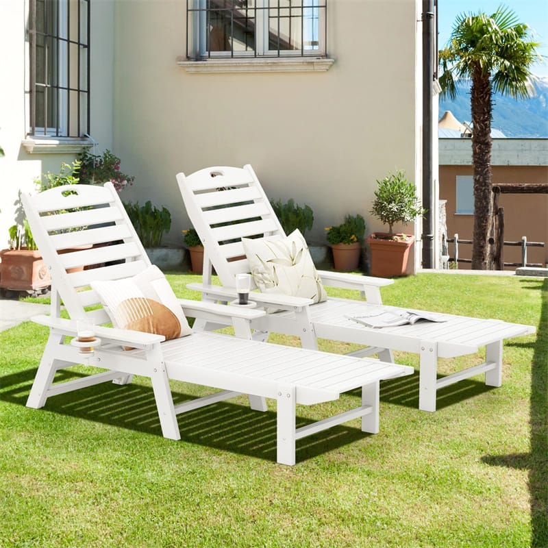 Outdoor Chaise Lounge Chair with 4-Position Backrest & Cup Holder, Weatherproof HDPE Reclining Patio Chair for Poolside, Backyard, Garden