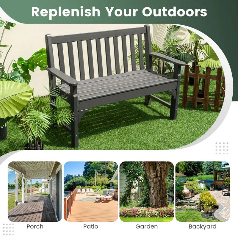 50" HDPE All-Weather Outdoor Patio Bench 2-Person Garden Park Bench Porch Loveseat Chair with Backrest & Armrests