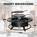 Panovue 42 Inch Fire Pit with 2 Cooking Grates, Outdoor Wood Burning BBQ Grill Firepit Bowl with Cover Lid, Steel Round Table for Backyard Bonfire Patio Picnic (Black, 42)