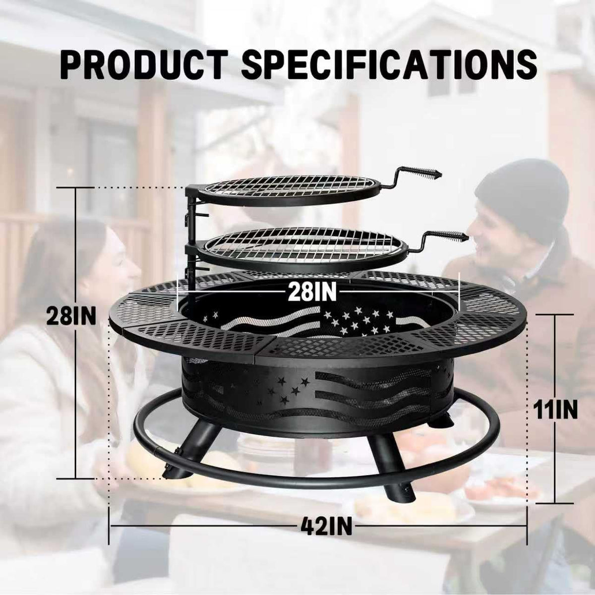 Panovue 42 Inch Fire Pit with 2 Cooking Grates, Outdoor Wood Burning BBQ Grill Firepit Bowl with Cover Lid, Steel Round Table for Backyard Bonfire Patio Picnic (Black, 42)