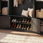 Large Hall Tree with Bench & Rattan Doors, 4-in-1 Entryway Coat Rack with Shoe Storage, 4 Hooks, Shelves, Mid-Century Shoe Bench for Hallway Mudroom, Black, 63.2��W x 15.7��D x 76.8��H
