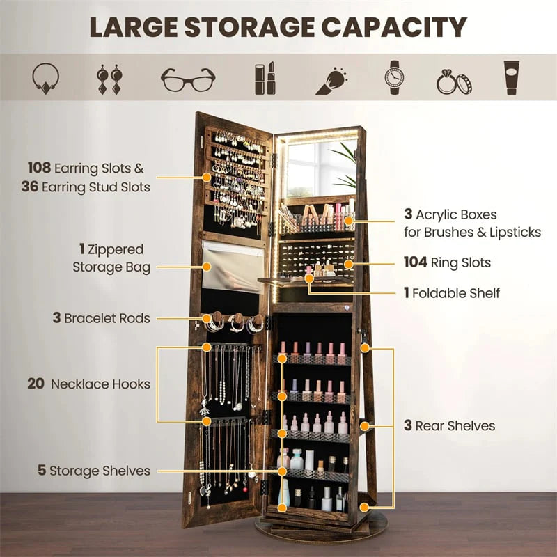 360�� Swivel Jewelry Cabinet Armoire w/ Full Length Mirror 3-Color LED Lights & Rear Shelves, Lockable Standing Jewelry Storage Organizer