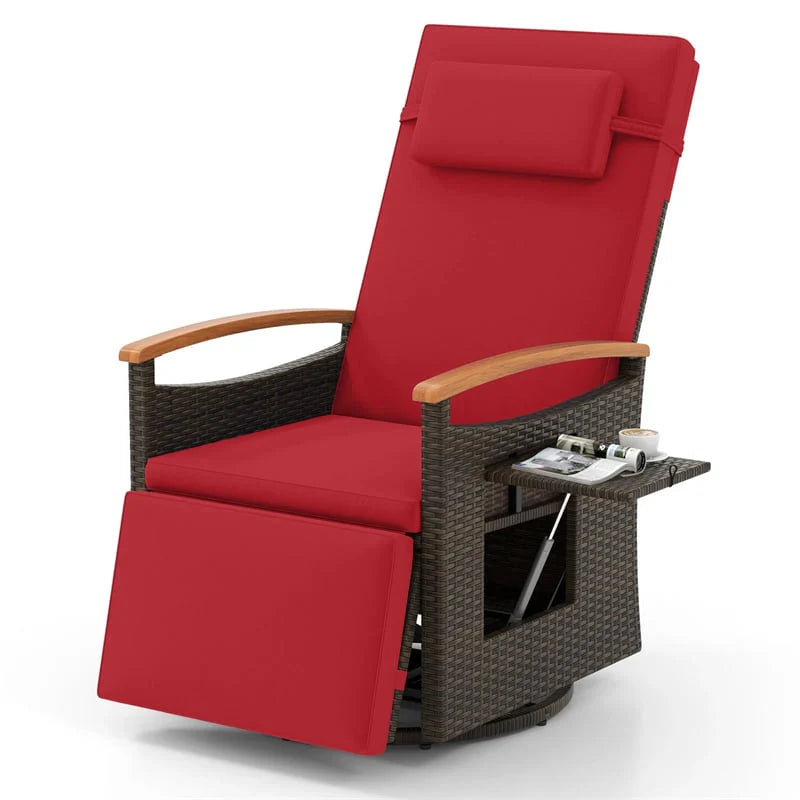 Outdoor Rattan 360�� Swivel Recliner Chair, Patio Wicker Chaise Lounge Chair with Adjustable Backrest & Footrest, Flip Side Table & Cushions