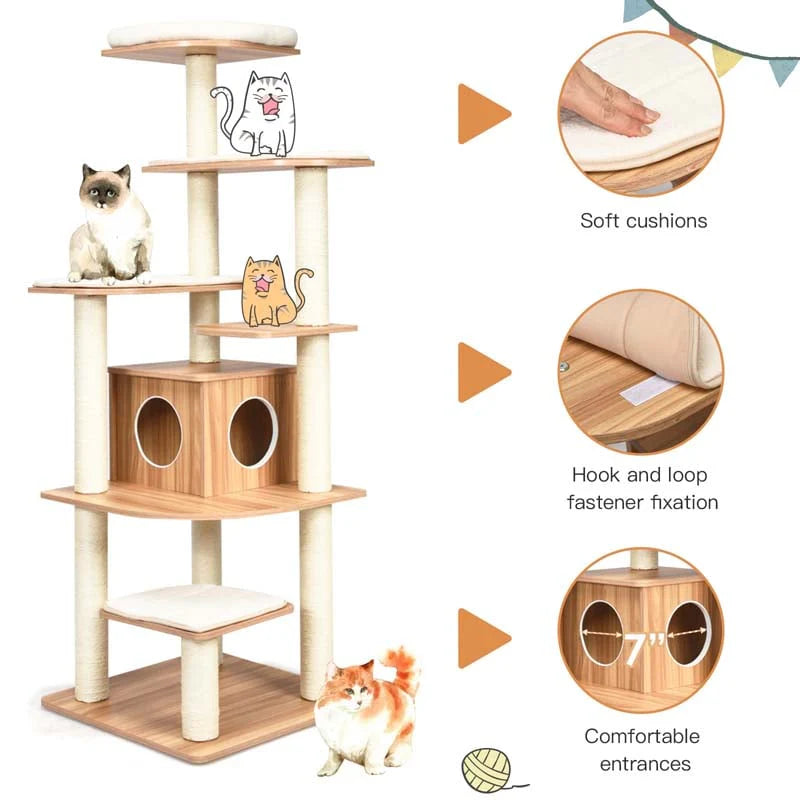 69" Tall Cat Activity Tree Wood Multi-Layer Large Cat Tower Condo with Scratch Resistant Rope & Plush Cushions