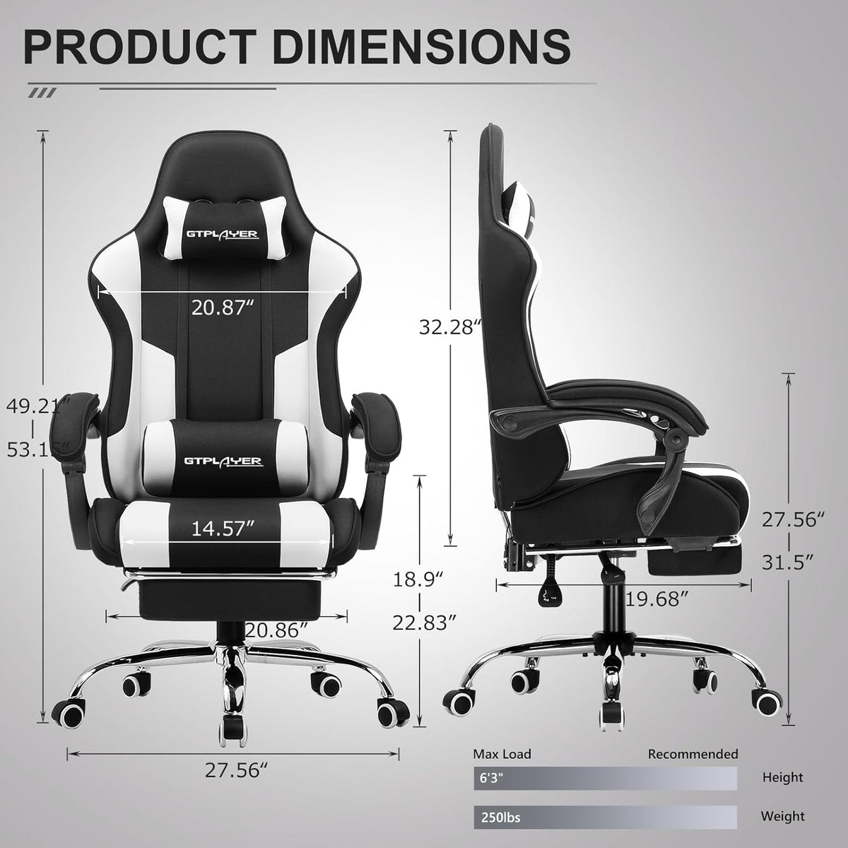 GTPLAYER Gaming Chair, Computer Chair with Footrest and Lumbar Support, Height Adjustable Game Chair with 360  -Swivel Seat and Headrest and for Office or Gaming (White)