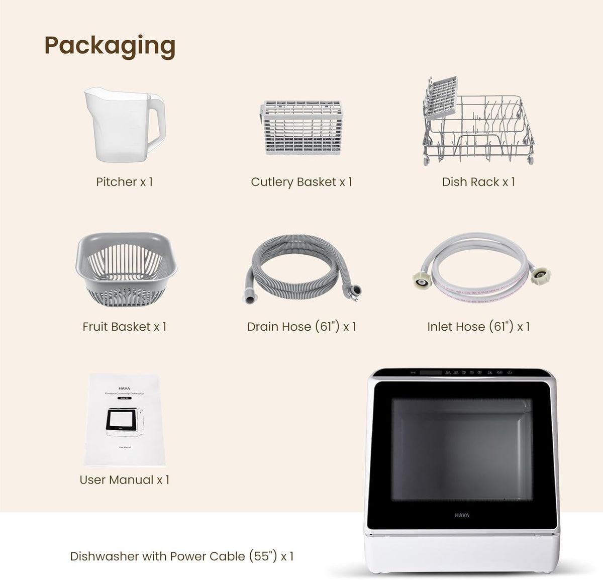 HAVA Countertop Dishwasher, 6 Programs Portable Dishwashers with 5L Built-in Water Tank