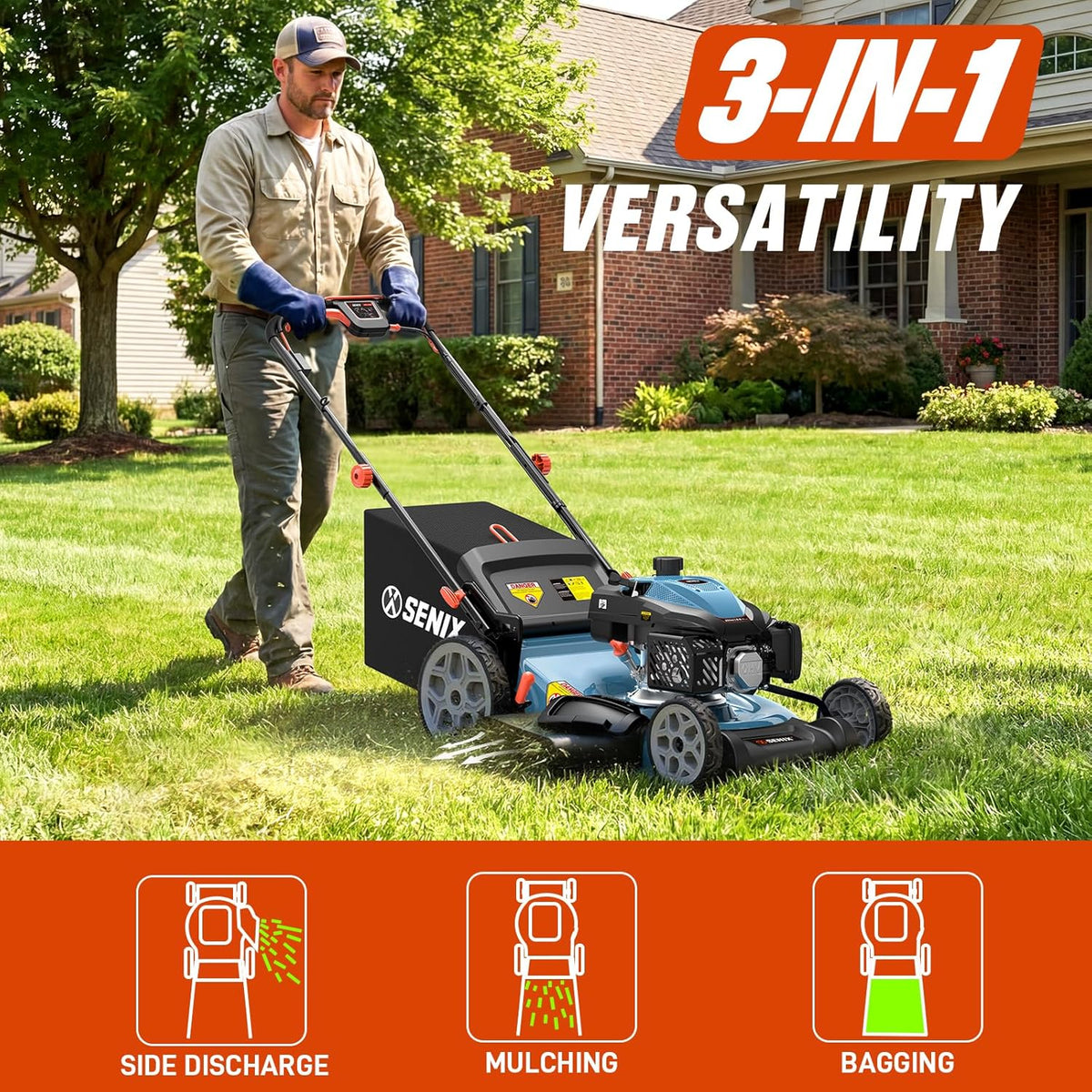 SENIX 201cc 22" 3-in-1 Gas Lawn Mower  Variable Speed Rear Wheel Self-Propelled Mower  Mulching  Bagging  Discharging  Foldable  6 Cutting Height Adjustable  for Garden Yard
