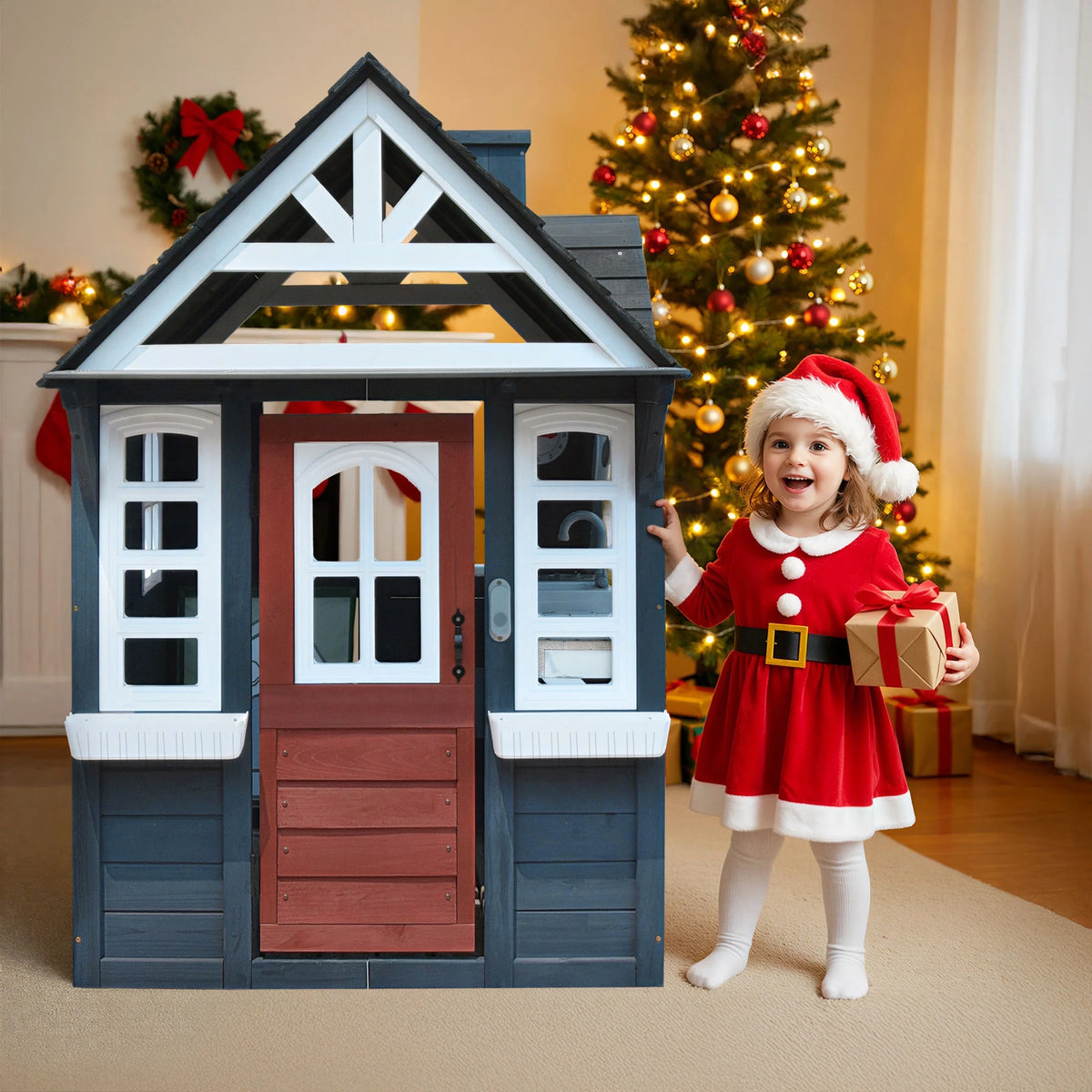 COCLUB Outdoor Playhouse for Kids Ages 4-8, Wooden Play House with Doorbell, Phone, Kitchen Toys, Outdoor Kids Play Equipment, Casa Para Niñas (45”L x 65”H), White & Black