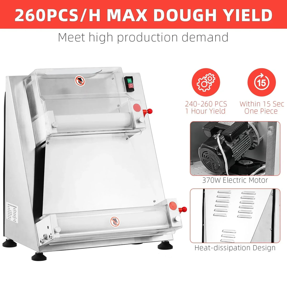 Garvee Commercial Pizza Dough Roller Sheeter, Max 16", Automatic 370W Electric Pizza Dough Roller, Stainless Steel, Suitable for Noodle, Pizza Bread and Pasta Maker Equipment