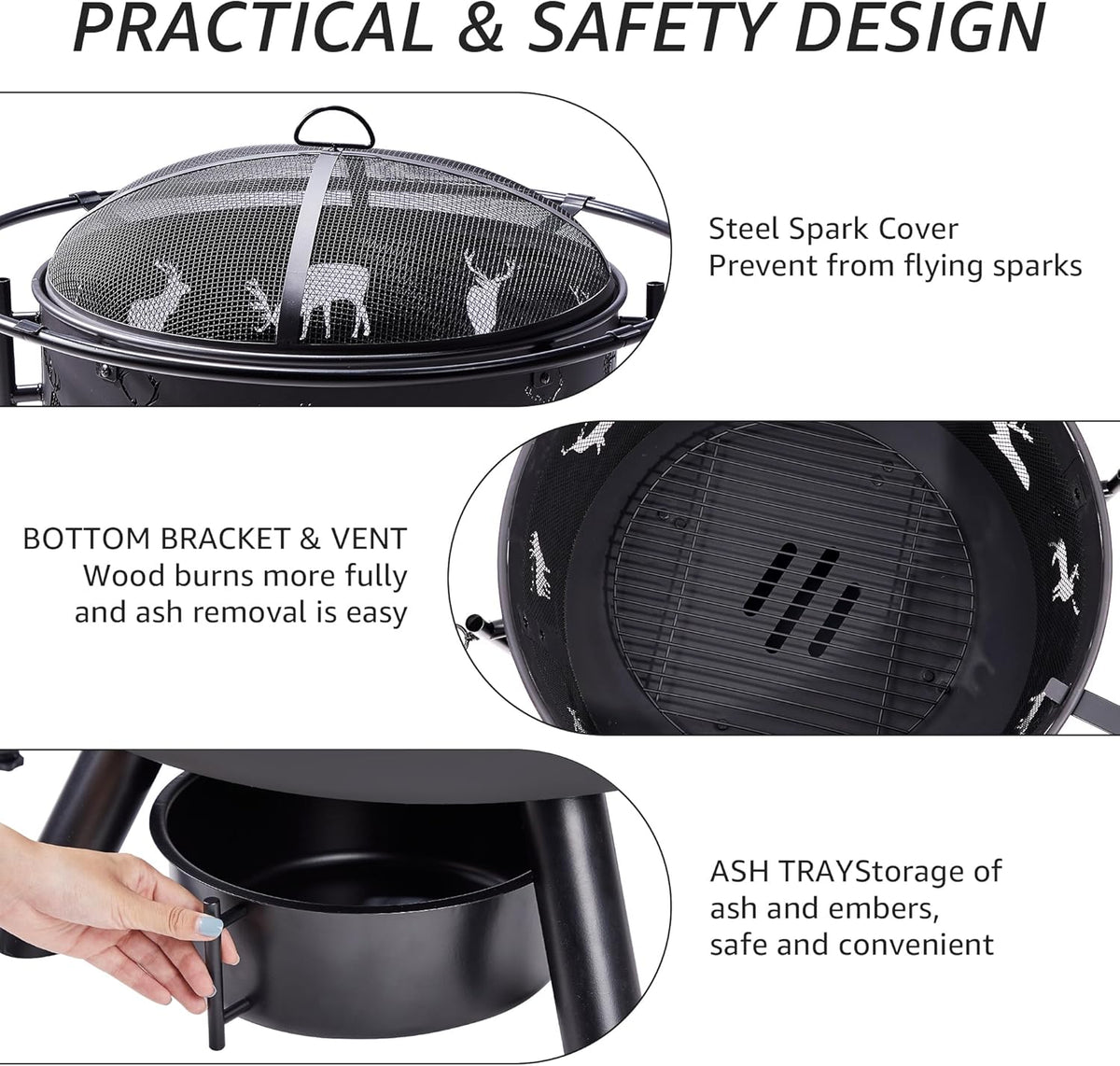NATURAL EXPRESSIONS 32 Inch Large Fire Pit with 2 Grills, Outdoor Wood Burning Fire Pit with Cooking Grate, Lid, Poker and Round Waterproof Cover for Patio, Ourside, Bonfires, Picnic, Party.