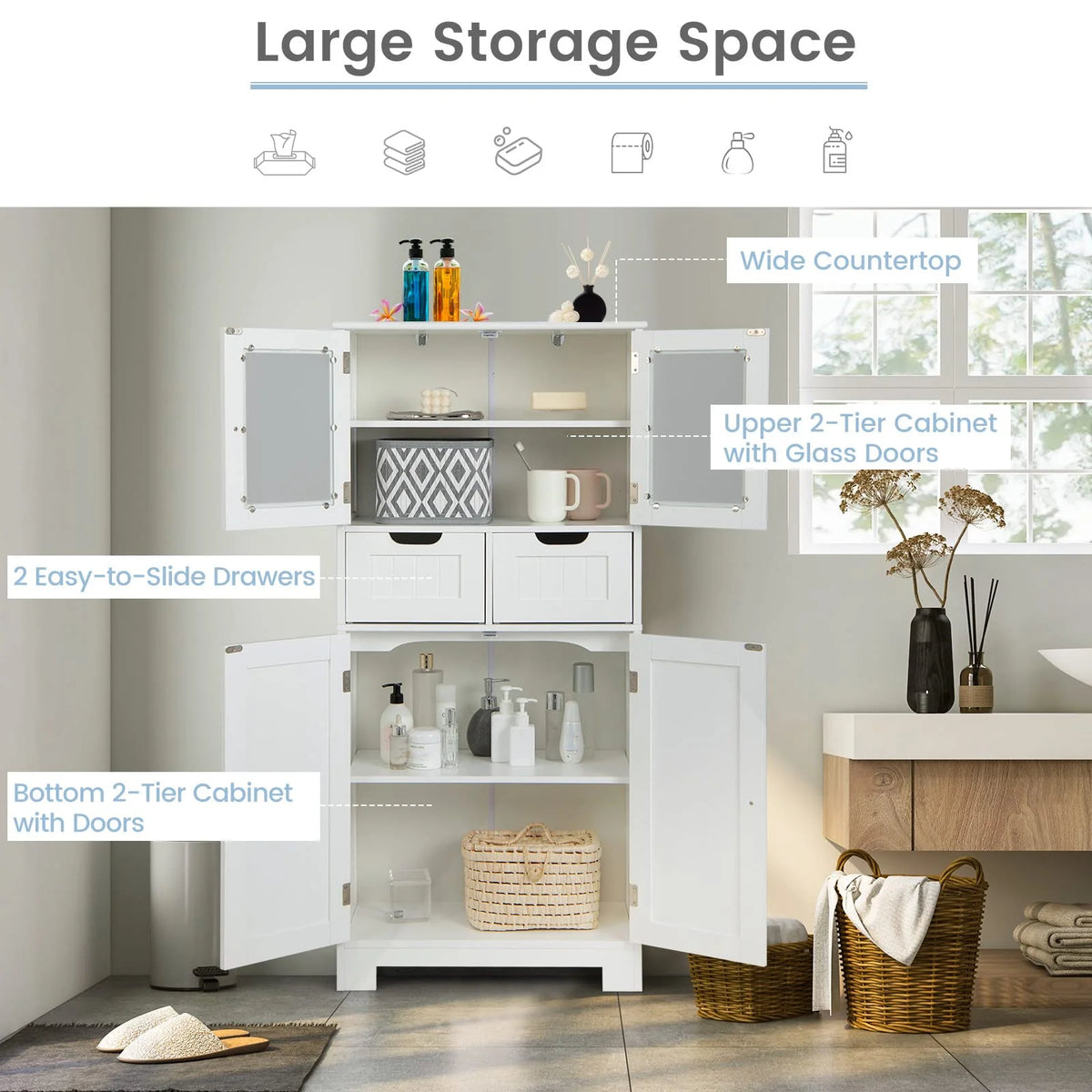 Giantex Floor Storage Cabinet with 4 Doors, Freestanding Bathroom Cabinet with 2 Glass Doors, White