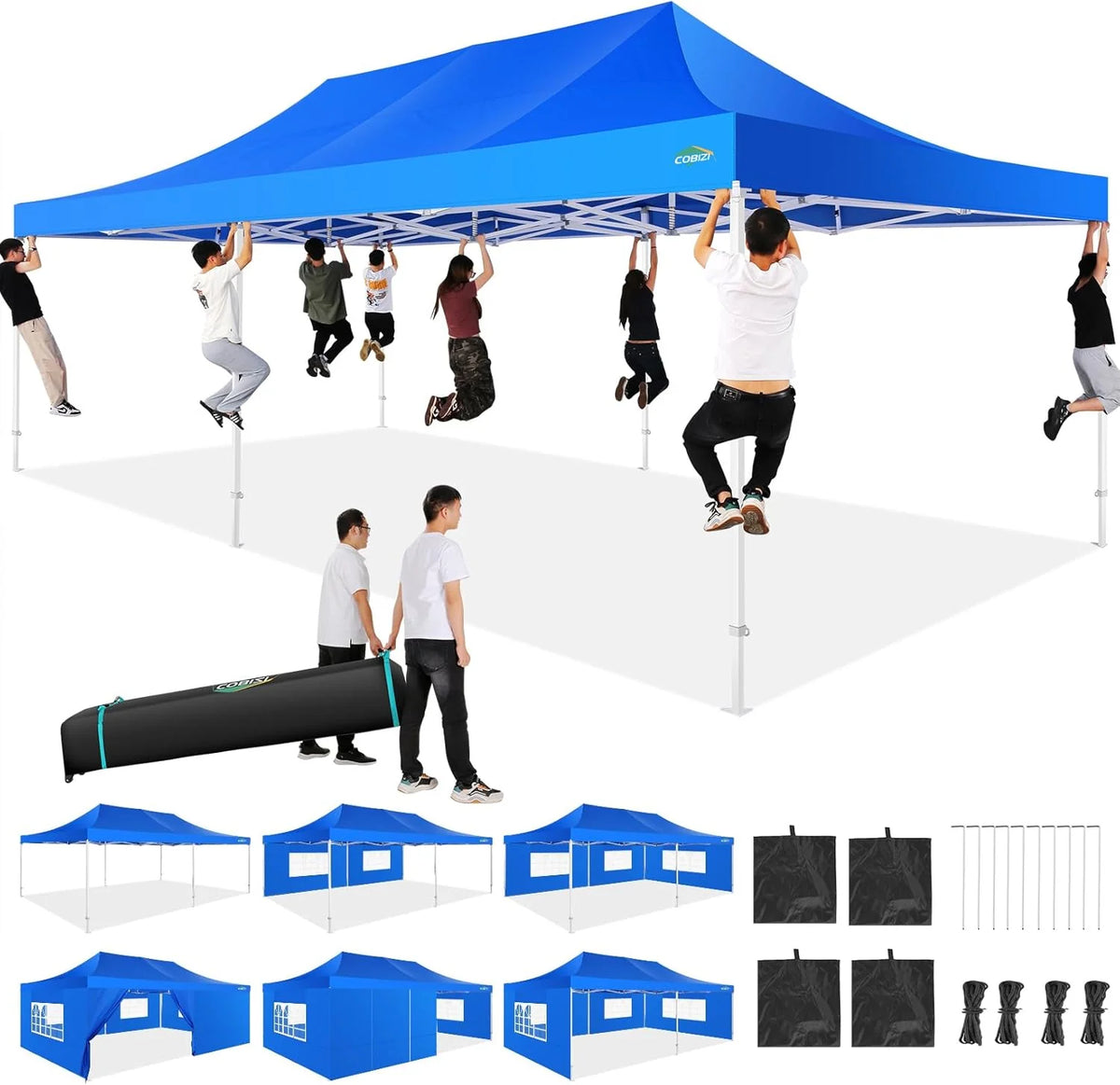 COBIZI 10x20 Heavy Duty Pop up Canopy Tent with 6 sidewalls Easy Up Commercial Outdoor Canopy Wedding Party Tents for Parties All Season Wind & Waterproof Gazebo with Roller Bag,Black(Frame Thickened)