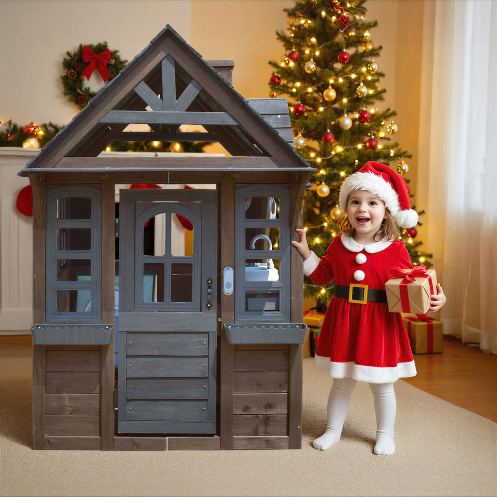 COCLUB Outdoor Playhouse for Kids Ages 4-8, Wooden Play House with Doorbell, Phone, Kitchen Toys, Outdoor Kids Play Equipment, Casa Para Niñas (45”L x 65”H), White & Black