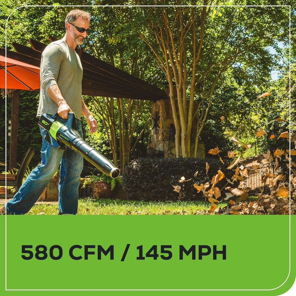 Greenworks 80V 21�� Brushless (Self-Propelled) Cordless Electric Lawn Mower + (580 CFM) Axial Leaf Blower (75+ Compatible Tools)  4.0Ah Battery and 60 Minute Rapid Charger  Green and Black