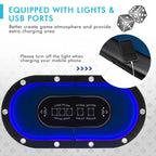 10 Players Folding Game Poker Table for Texas, Card Games, Casino Leisure Table with Cup Holder, 4 USB Ports, Extra Lights