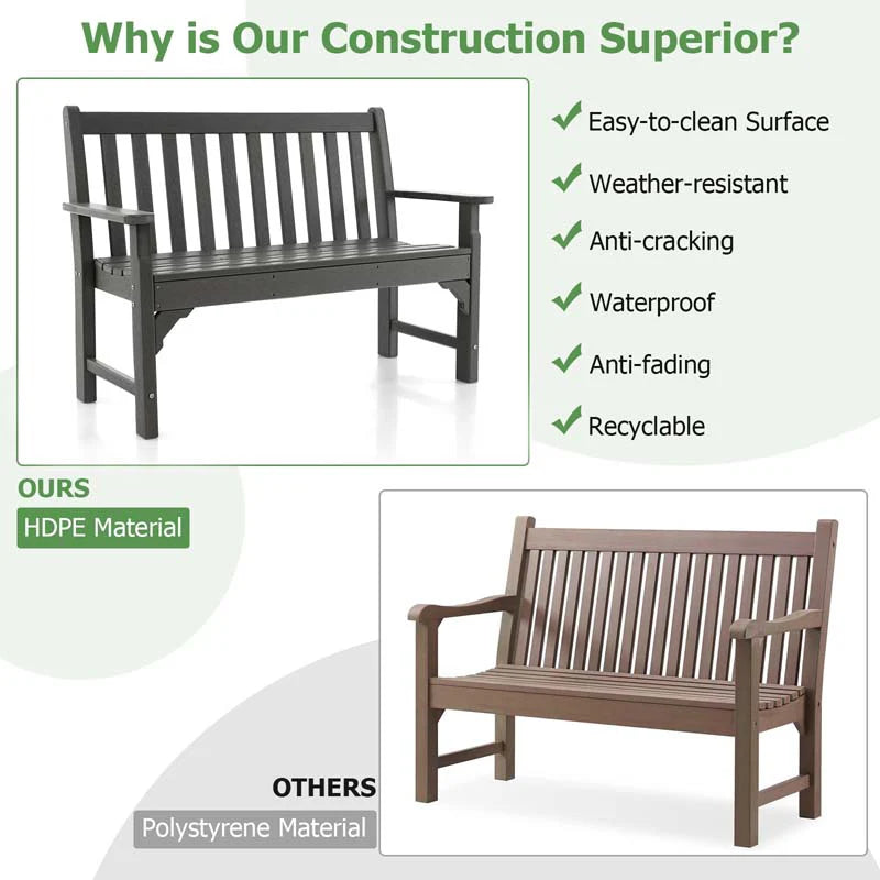 50" HDPE All-Weather Outdoor Patio Bench 2-Person Garden Park Bench Porch Loveseat Chair with Backrest & Armrests