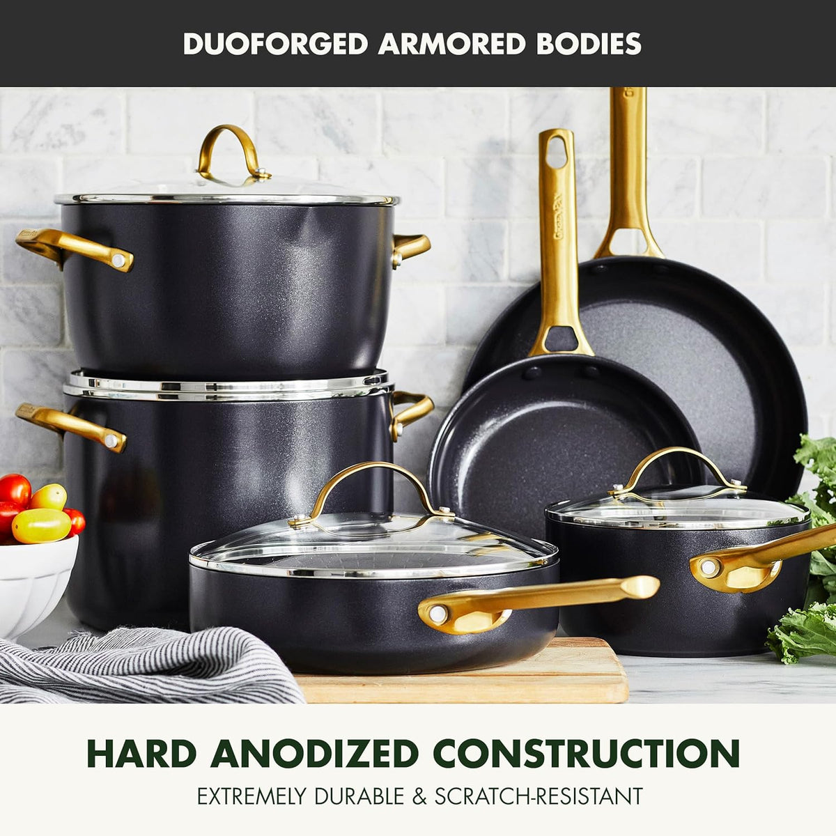 Reserve Hard Anodized Healthy Ceramic Nonstick 10 Piece Cookware Pots and Pans Set, Gold Handle, PFAS-Free, Dishwasher Safe, Oven Safe, Black