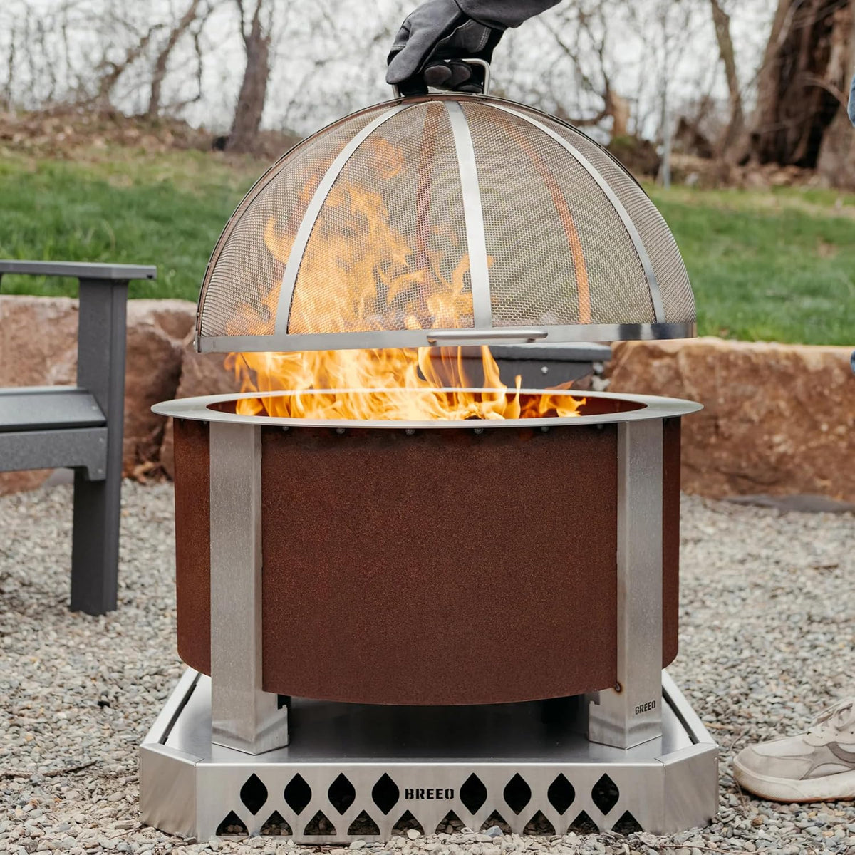Breeo X24 Stainless Steel Spark Screen for Smokeless Fire Pits �C Hinged Access Cover for Breeo Fire Pits, Outdoor Safety Guard for Containing Sparks & Embers