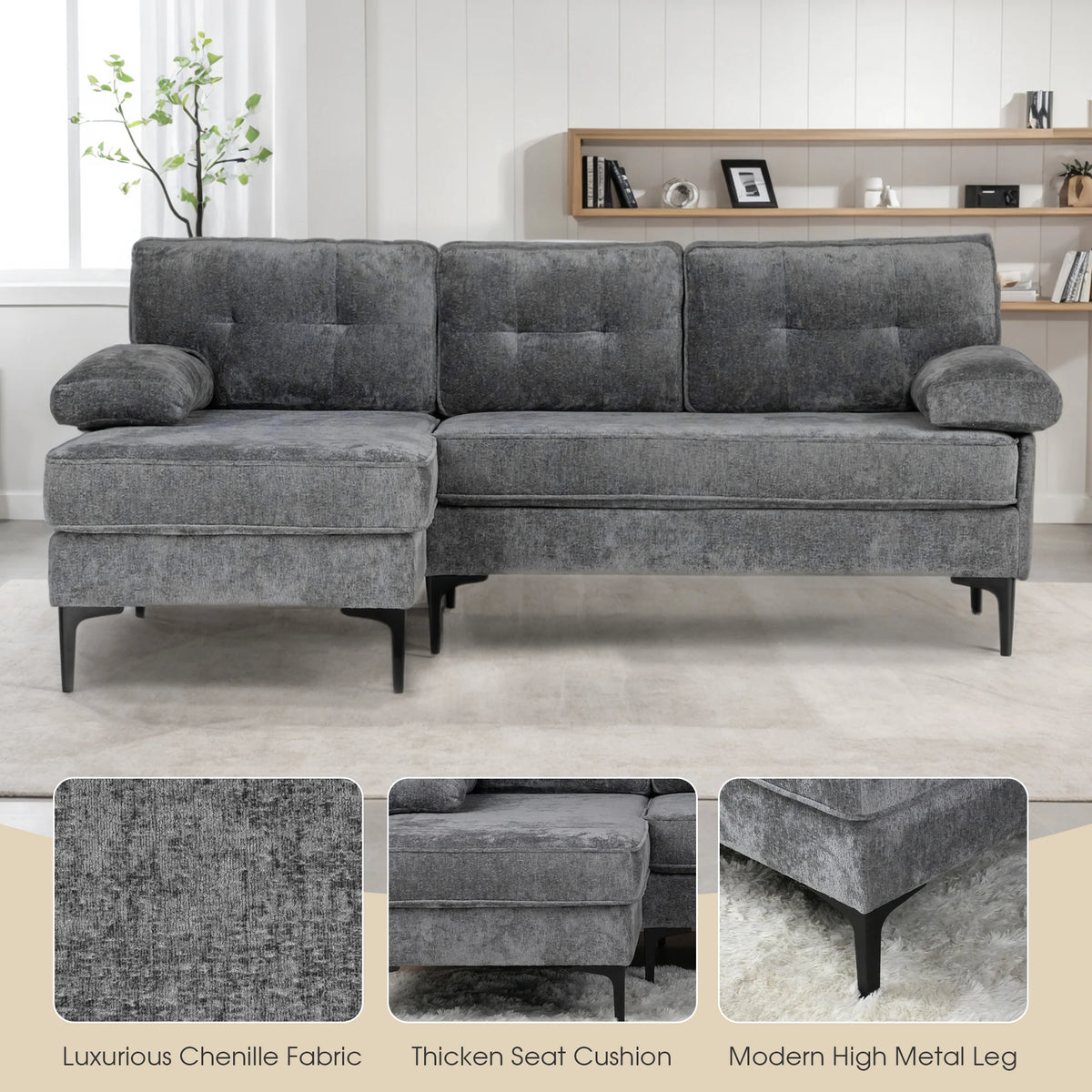 Sofa 3 Seaters Sofa L Shape Grey