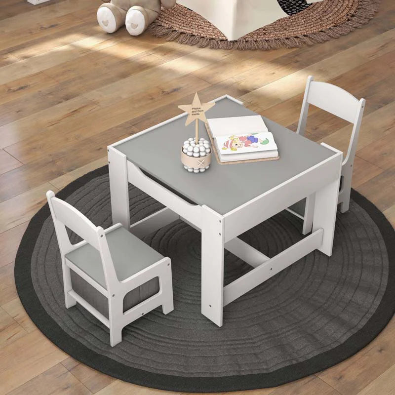 3-in-1 Kids Wood Table Chairs Set with Blackboard & Storage Drawers, Children Multi Activity Table for Learning Playing Drawing