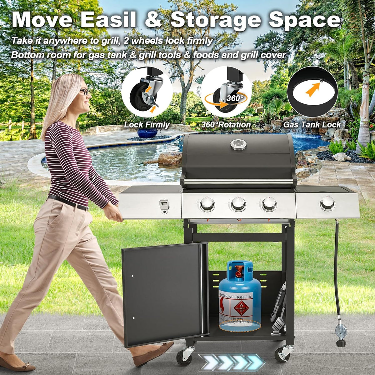 Upgraded 4 Burner BBQ Propane Gas Grill with Cast Iron Grates & Side Stove, 44,000 BTU Stainless Steel Burner Barbecue Grill for Patio, Camping, Outdoor Cooking MELLCOM