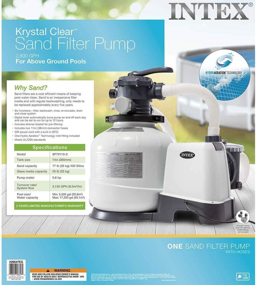 Intex 26651EG Krystal Clear 16 Inch 3,000 GPH Above Ground Pool Sand Filter Pump with Automatic Timer, GFCI, and 6 Function Control, Gray