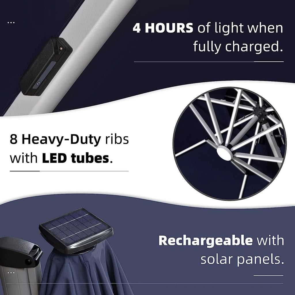 12ft Solar LED Patio Umbrella Outdoor Round Umbrella Large Cantilever Umbrella with LED Lights Windproof Bias Umbrella Heavy Duty Parasol for Garden Deck Pool Patio