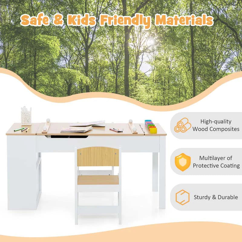 2-in-1 Kids Art Table Chair Set for Drawing Writing, Toddler Craft Play Wood Activity Desk w/2 Chairs Paper Roll Storage Canvas Bins