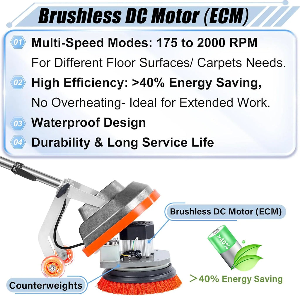 Commercial Floor Scrubber Machine with Brushes and Pads, Heavy Duty Floor Buffer Polisher and Cleaner- Deep Cleaning Tile and Grout, Hardwood Floors and Carpets without Getting on Hands and Knees