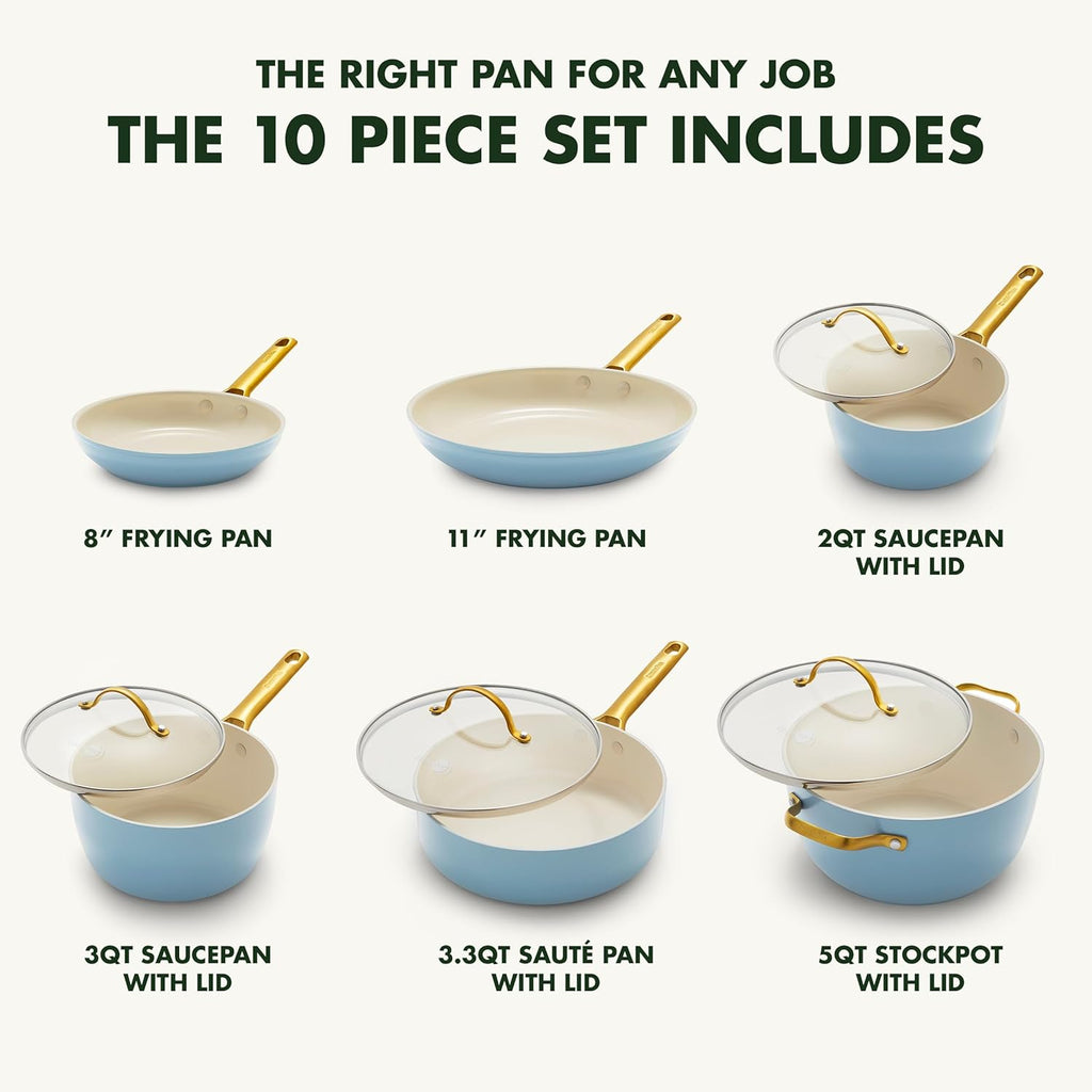 Reserve Hard Anodized Healthy Ceramic Nonstick 10 Piece Cookware Pots and Pans Set, Gold Handle, PFAS-Free, Dishwasher Safe, Oven Safe, Black