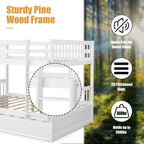 Solid Wood Full Over Full Bunk Bed Frame with Trundle, Safety Ladder & Guardrails, Convertible Bunk Bed for Kids Teens
