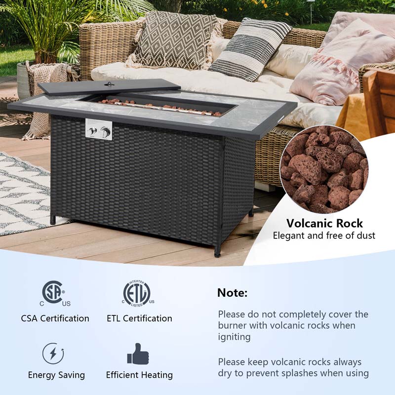 52" 50000 BTU Rattan Outdoor Propane Gas Fire Pit Table with Marble Tabletop, Lava Rocks & PVC Cover
